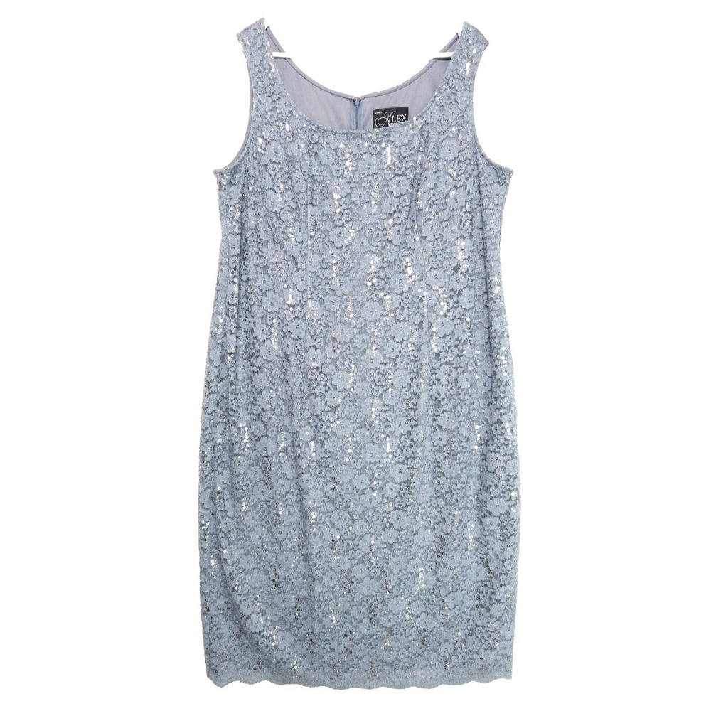 Alex Evenings Lace Sequin Overlay Smoky Gray Blue Midi Dress Womens 18W‎ 18 XL